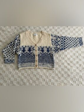 LUSH Women’s Fair Isle Nordic Cardigan Sweater Ivory and Blue Size Large